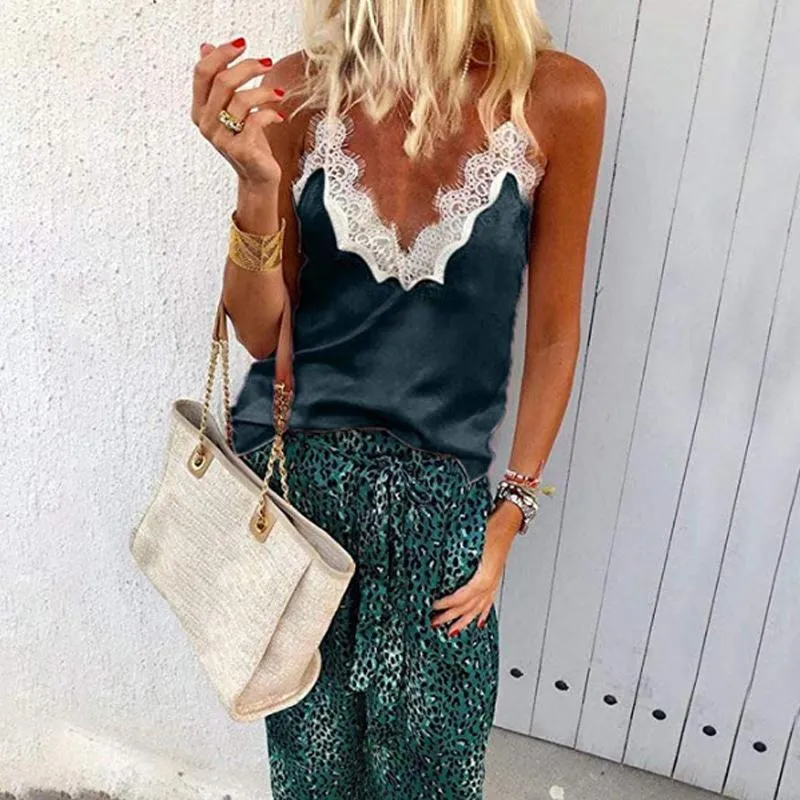 Lace Patchwork V Neck Spaghetti Straps Casual Camis