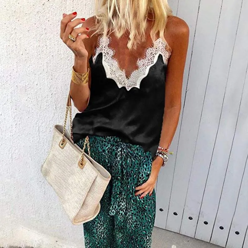 Lace Patchwork V Neck Spaghetti Straps Casual Camis