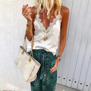 Lace Patchwork V Neck Spaghetti Straps Casual Camis