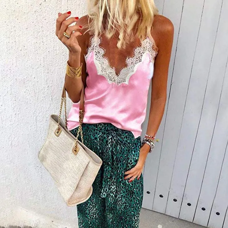 Lace Patchwork V Neck Spaghetti Straps Casual Camis