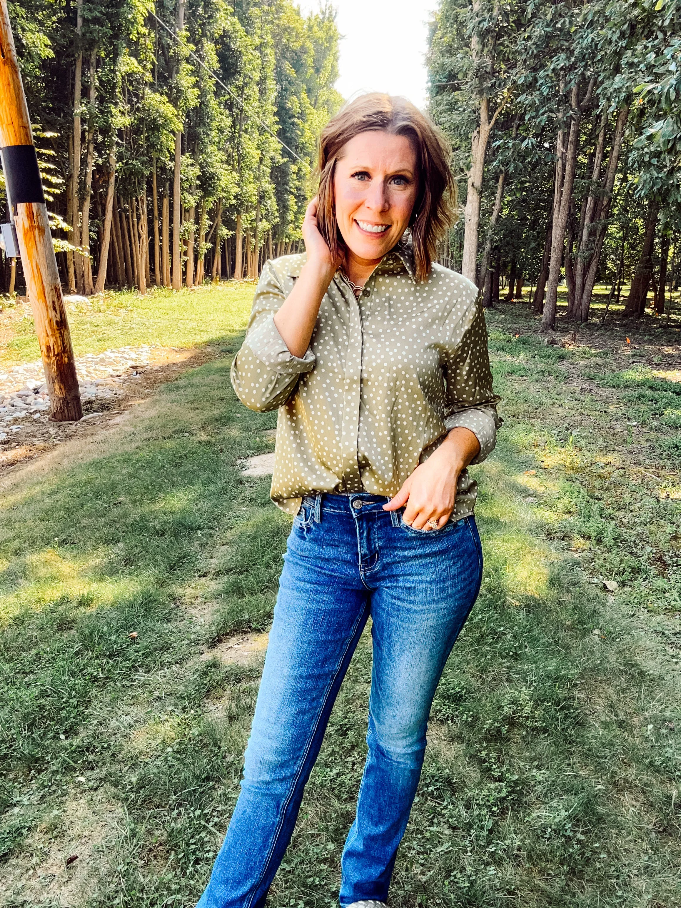 Light Olive Polka Dot Button Front Blouse