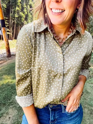 Light Olive Polka Dot Button Front Blouse