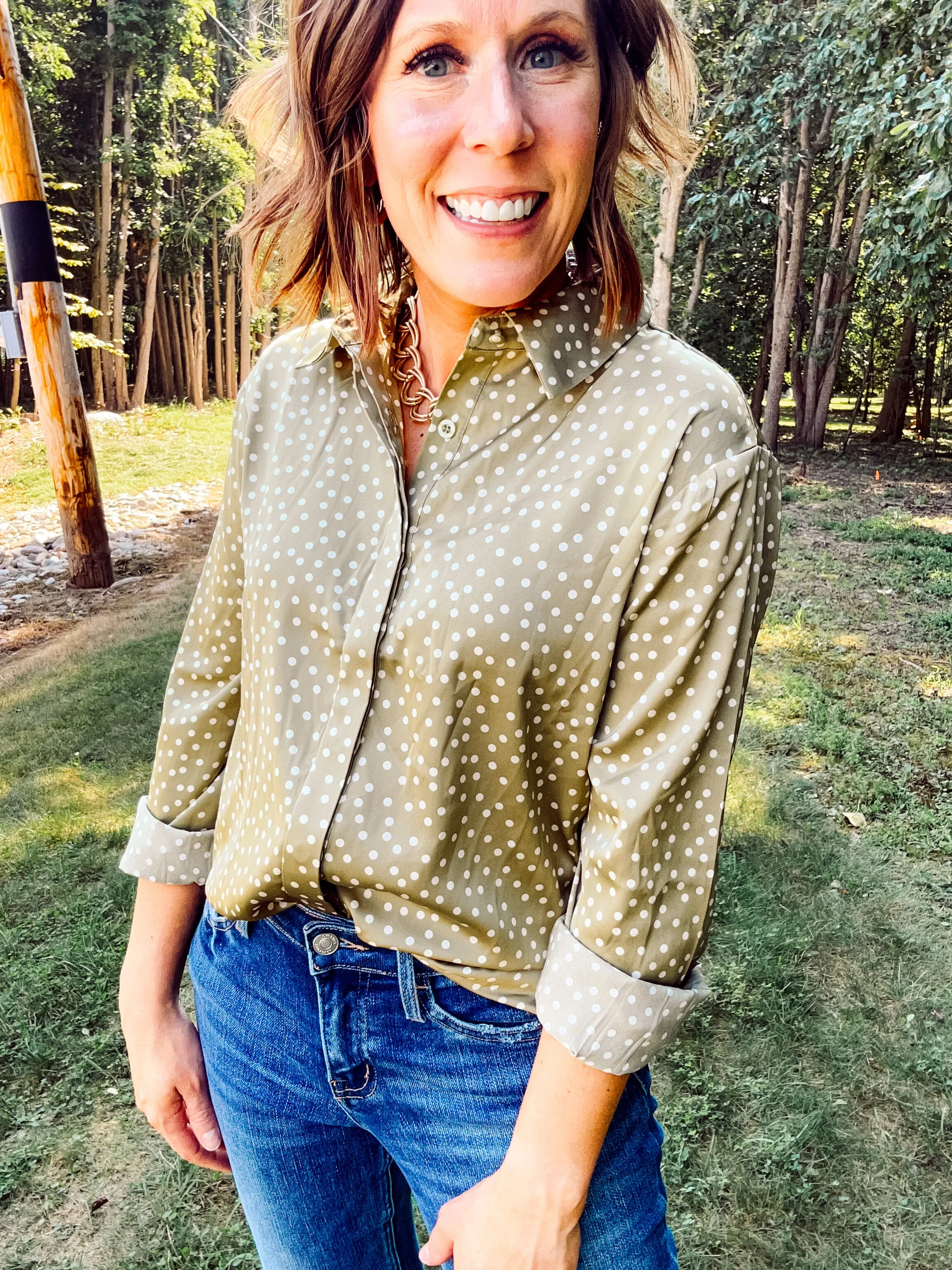 Light Olive Polka Dot Button Front Blouse