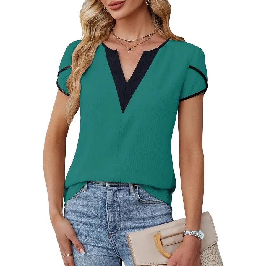 Loose Casual V-Neck Short Sleeve Shirts Women's Blouse Summer Fashion Contrast Color Elegant Lady Office Shirt Petal Sleeve Tops