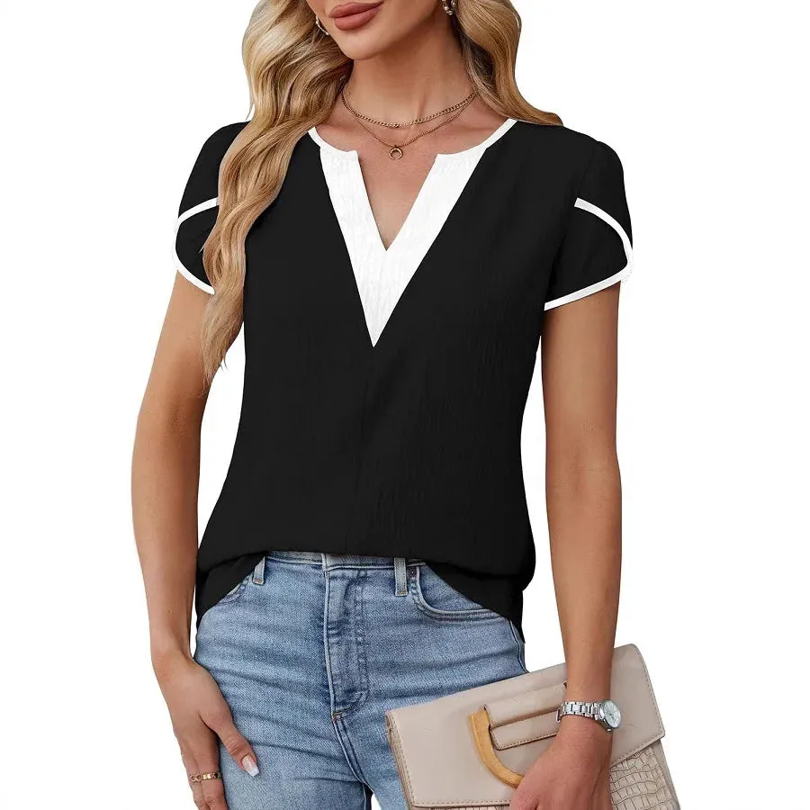Loose Casual V-Neck Short Sleeve Shirts Women's Blouse Summer Fashion Contrast Color Elegant Lady Office Shirt Petal Sleeve Tops