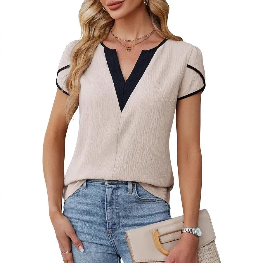 Loose Casual V-Neck Short Sleeve Shirts Women's Blouse Summer Fashion Contrast Color Elegant Lady Office Shirt Petal Sleeve Tops