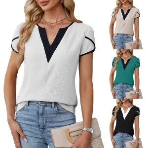 Loose Casual V-Neck Short Sleeve Shirts Women's Blouse Summer Fashion Contrast Color Elegant Lady Office Shirt Petal Sleeve Tops