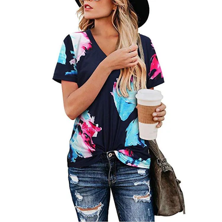 Loose V-neck printed short-sleeved T-shirt , Women's Tops