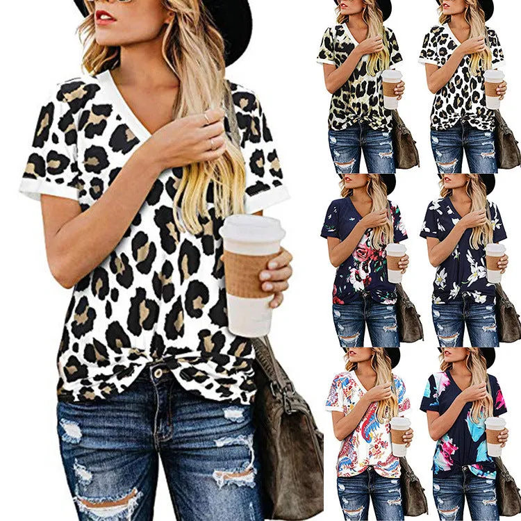 Loose V-neck printed short-sleeved T-shirt , Women's Tops