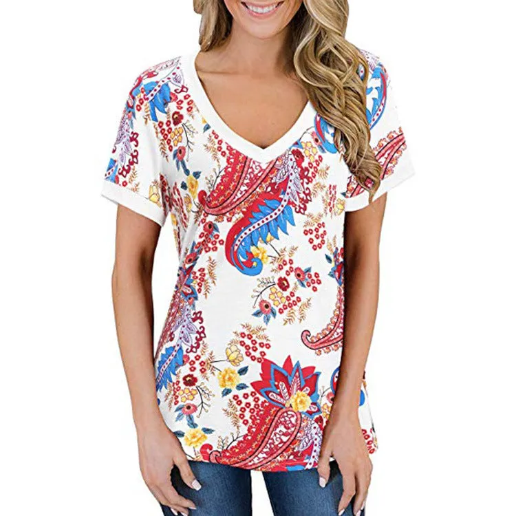 Loose V-neck printed short-sleeved T-shirt , Women's Tops