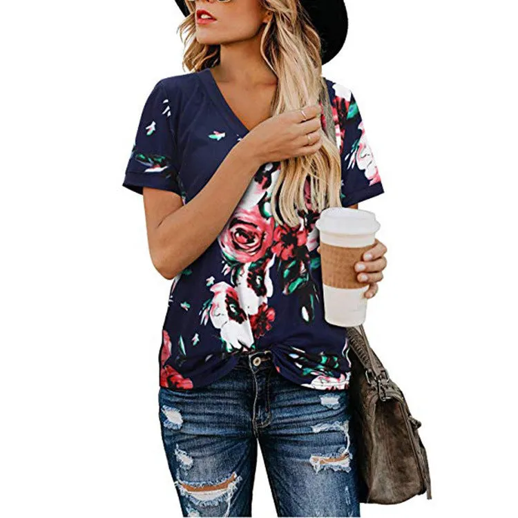 Loose V-neck printed short-sleeved T-shirt , Women's Tops
