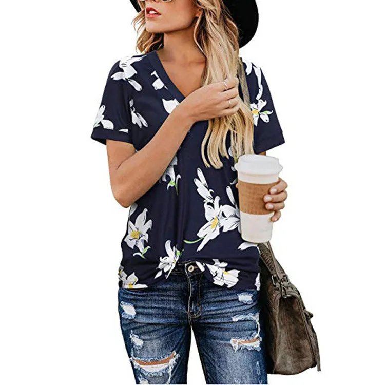 Loose V-neck printed short-sleeved T-shirt , Women's Tops