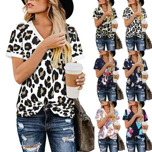 Loose V-neck printed short-sleeved T-shirt , Women's Tops