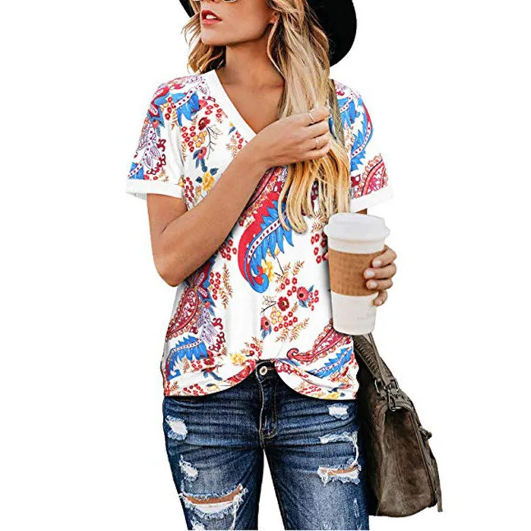 Loose V-neck printed short-sleeved T-shirt , Women's Tops