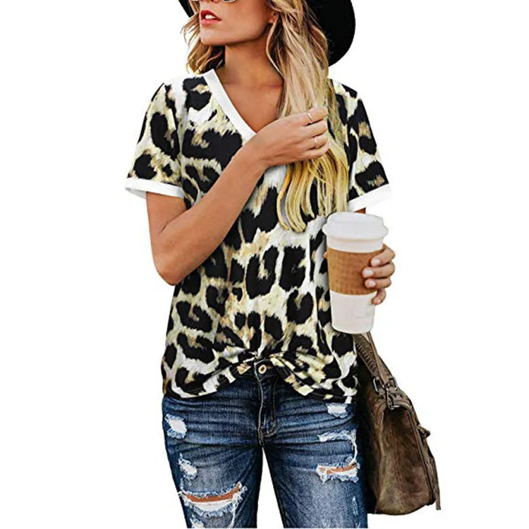 Loose V-neck printed short-sleeved T-shirt , Women's Tops