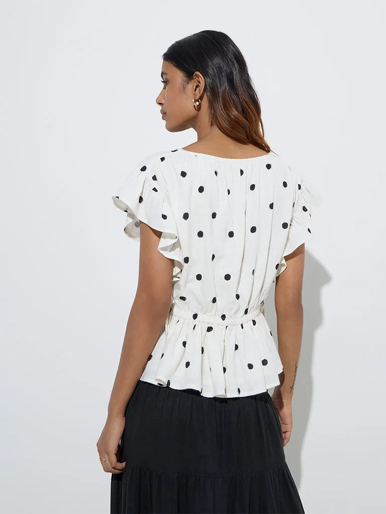 LOV White Polka Dot Linen-Blend Peplum Top