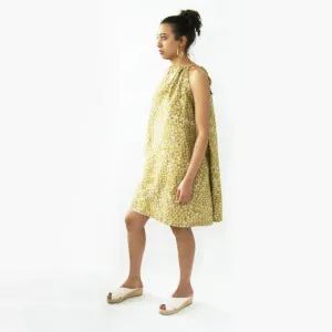 Maize Yellow Linen Dot Summer Swing Dress Artisan Made Batik