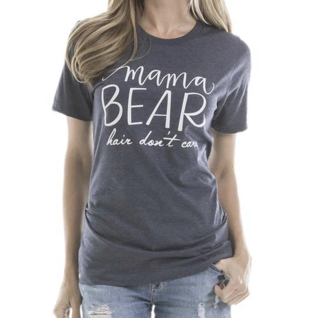 Mama bear T-shirts { Mama Bear hair dont care } Pink, blue or gray. S - XXL.