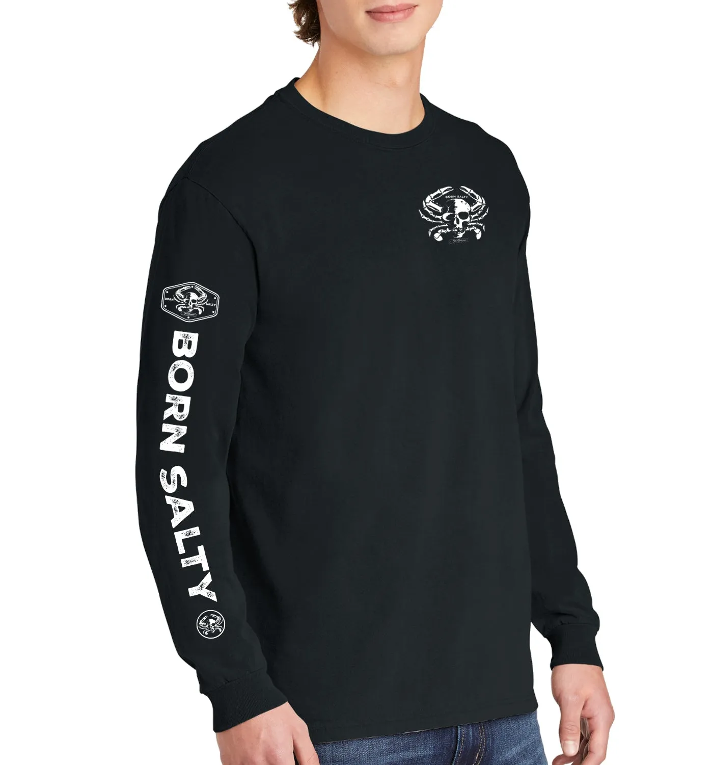 Men's Born Salty Skull Crab Long Sleeve Cotton Garment-Dyed T-Shirt