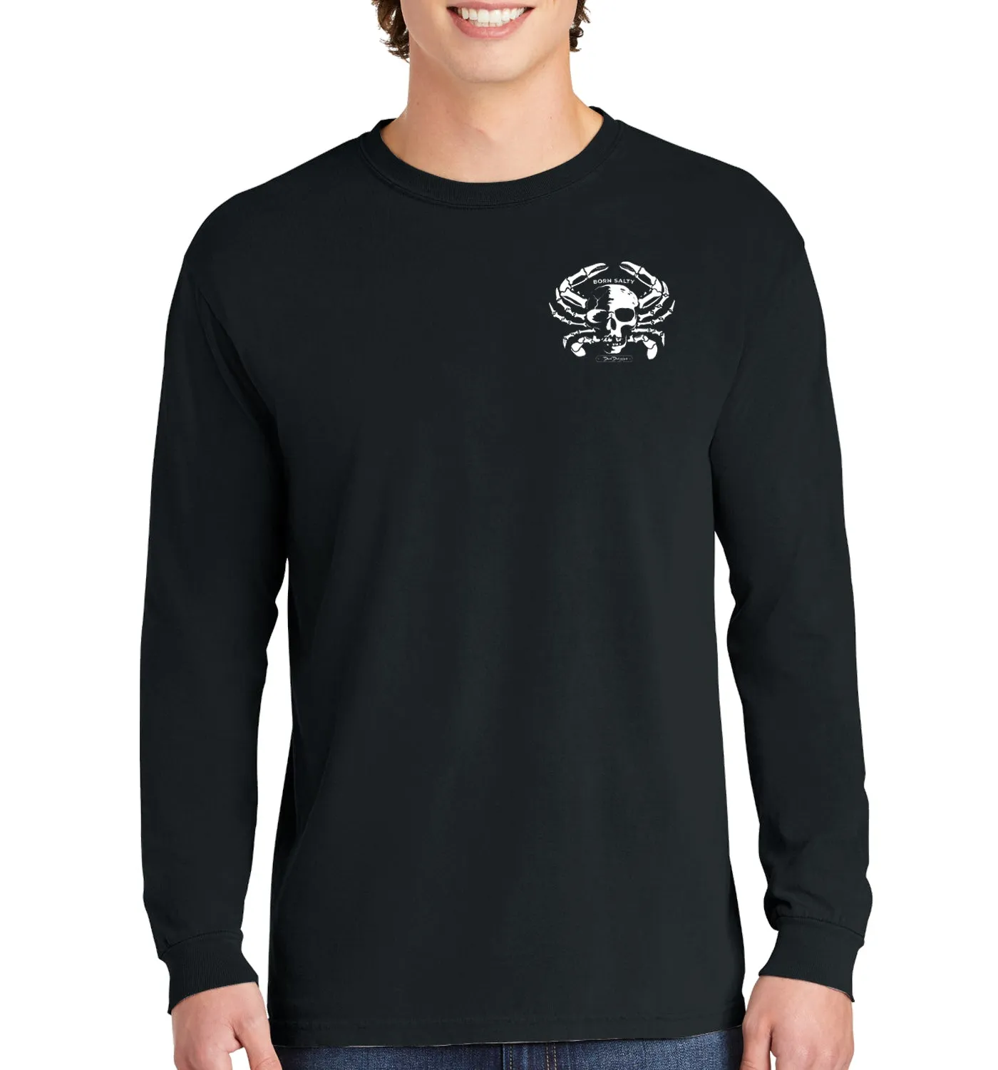 Men's Born Salty Skull Crab Long Sleeve Cotton Garment-Dyed T-Shirt