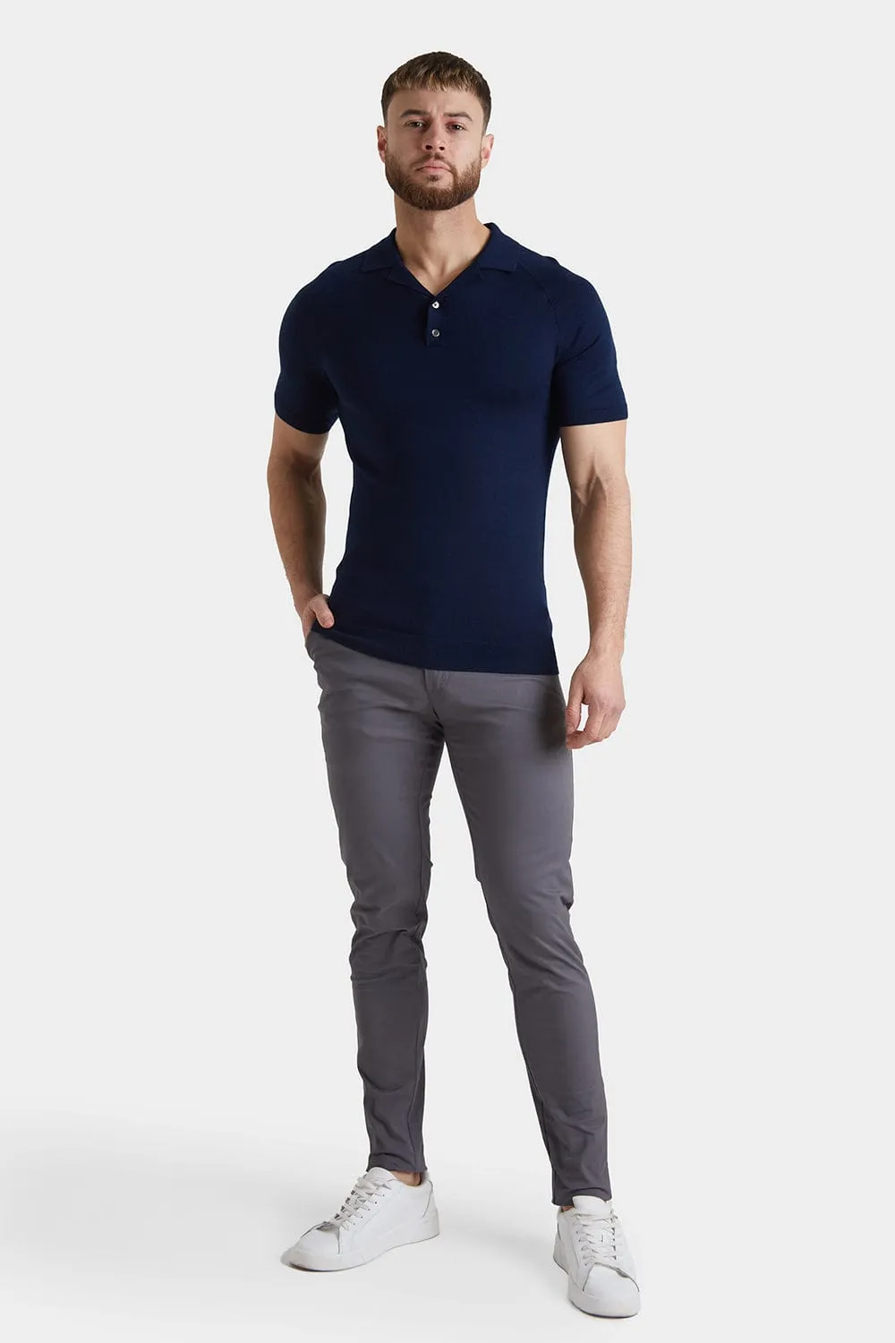 Merino Open Collar Knitted Polo in Navy