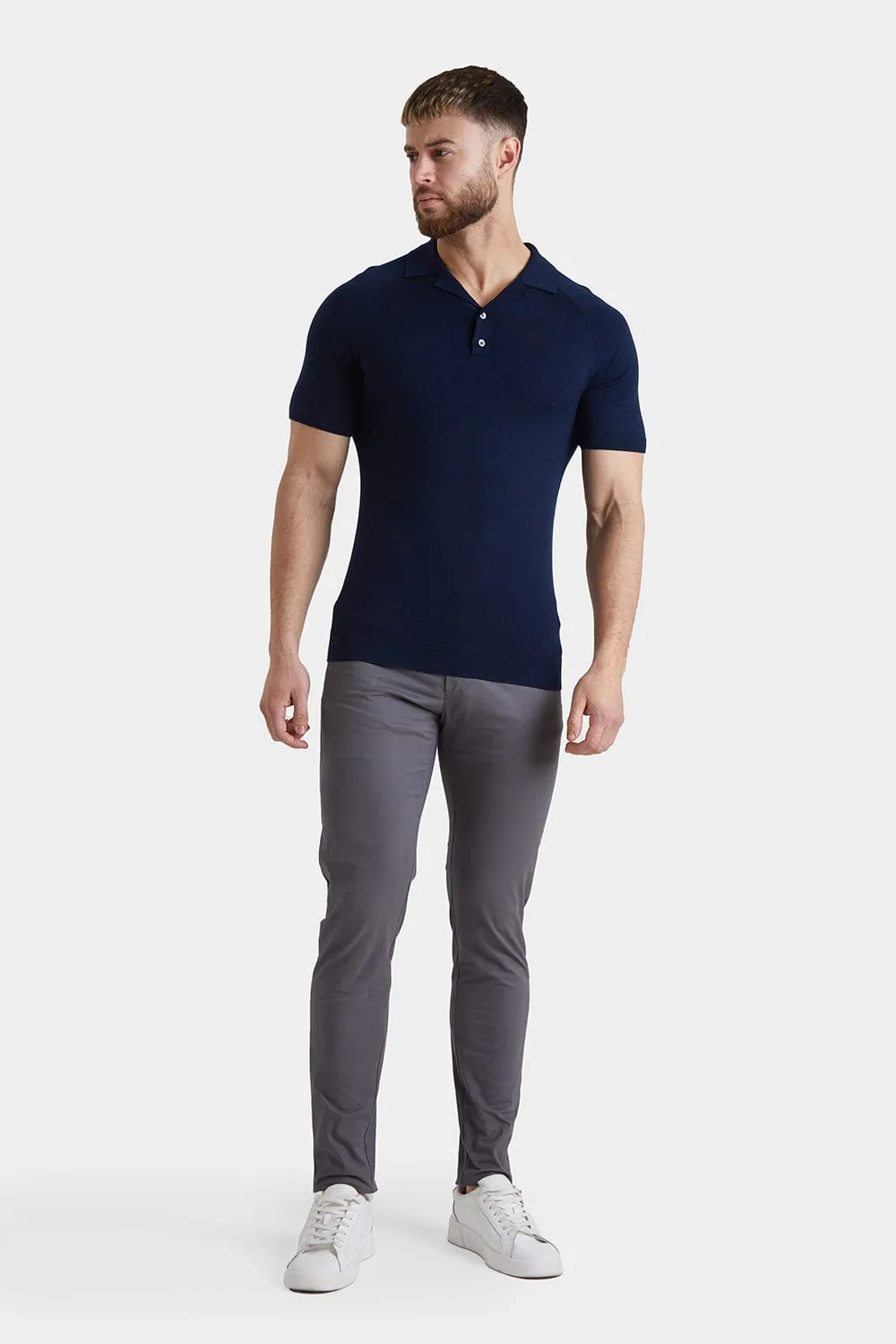 Merino Open Collar Knitted Polo in Navy