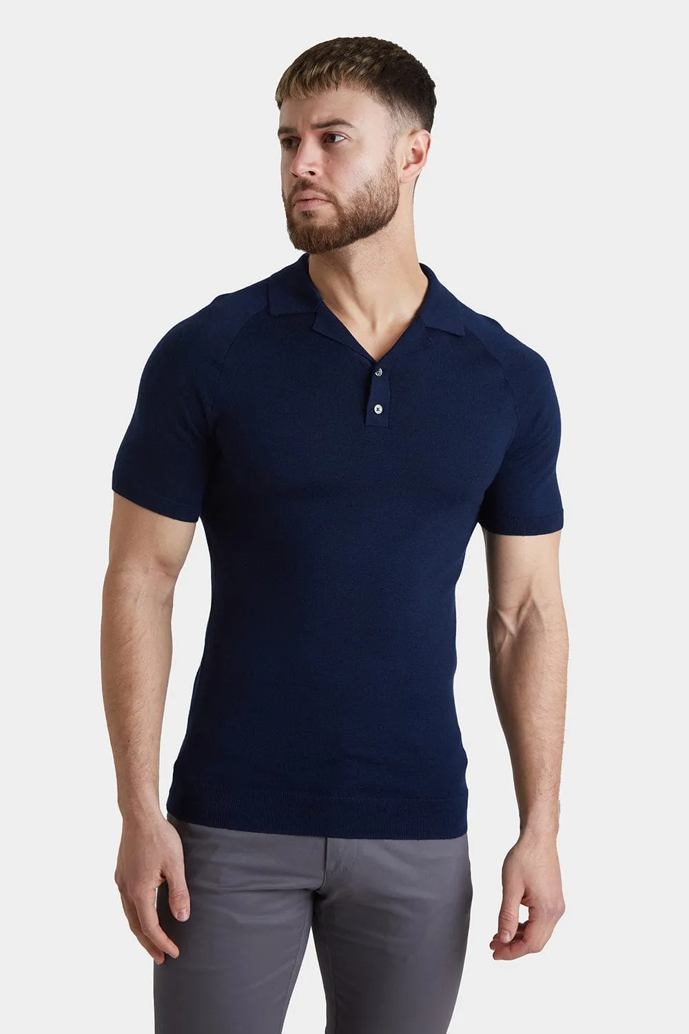 Merino Open Collar Knitted Polo in Navy