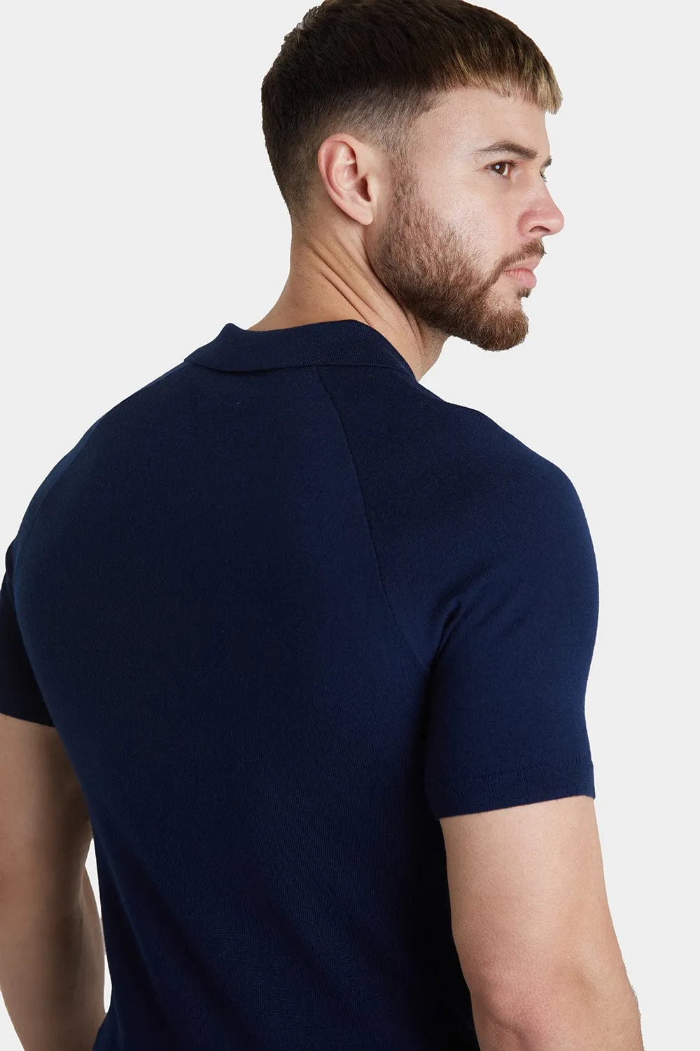 Merino Open Collar Knitted Polo in Navy