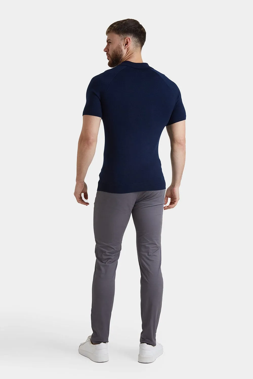 Merino Open Collar Knitted Polo in Navy