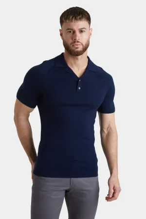 Merino Open Collar Knitted Polo in Navy
