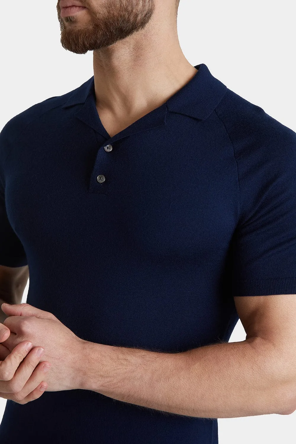 Merino Open Collar Knitted Polo in Navy