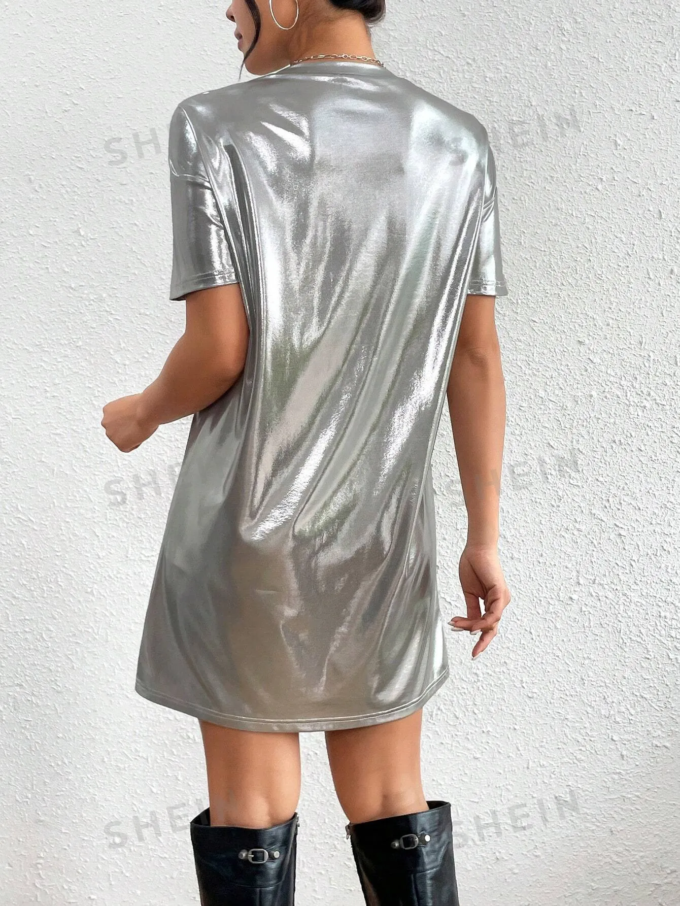 MOOSTA Women's Metallic Round Neck Casual Dress