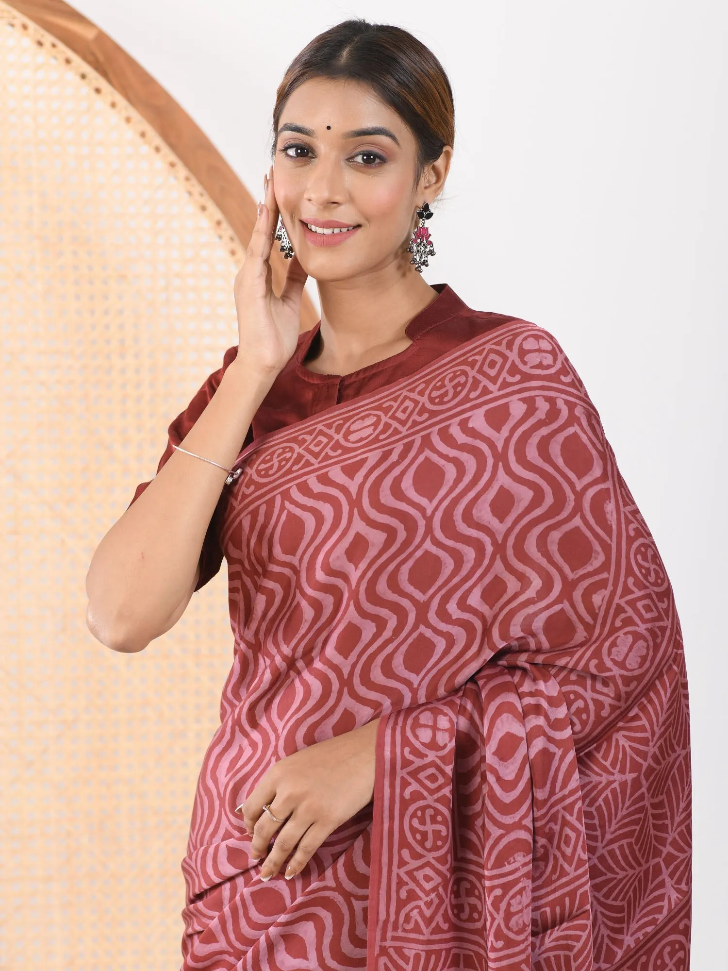 MULMUL ARUSHA BLOCK PRINTED MODAL SATIN SAREE