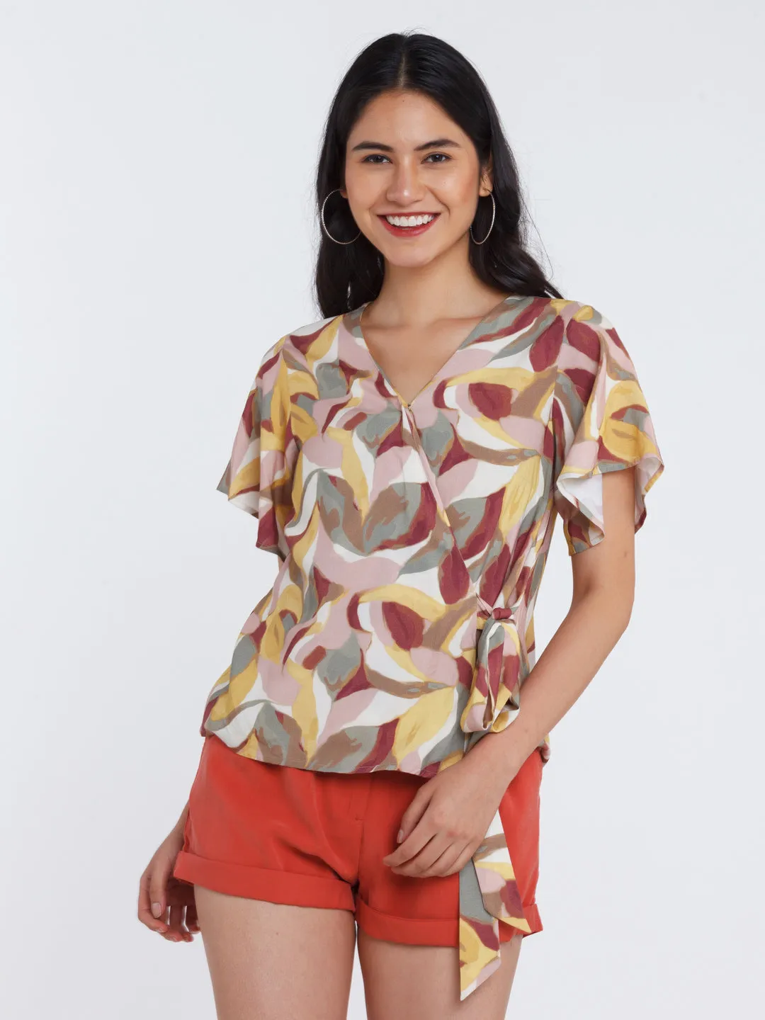 Multicolored Printed Flared Sleeve Top