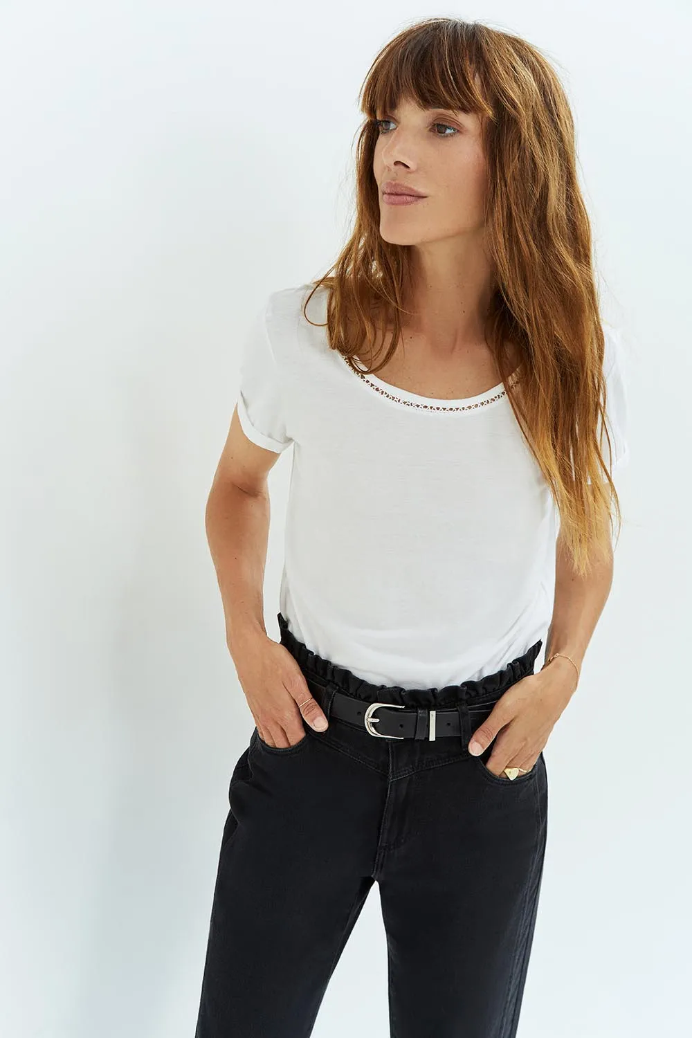 MYSTY - T-shirt blanc coton bio avec galon broderie