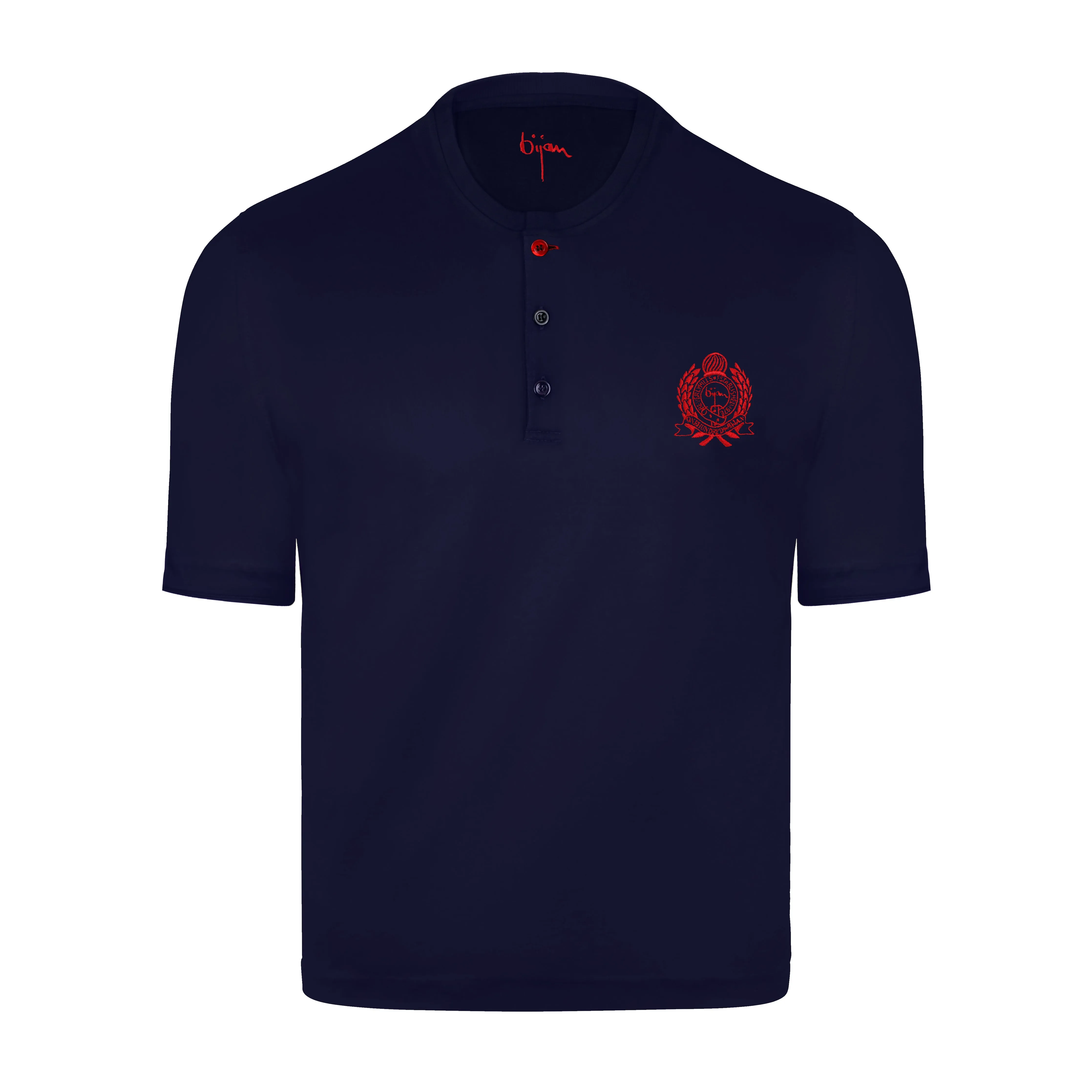 Navy Round Neck Short Sleeve T-Shirt with 3 Buttons