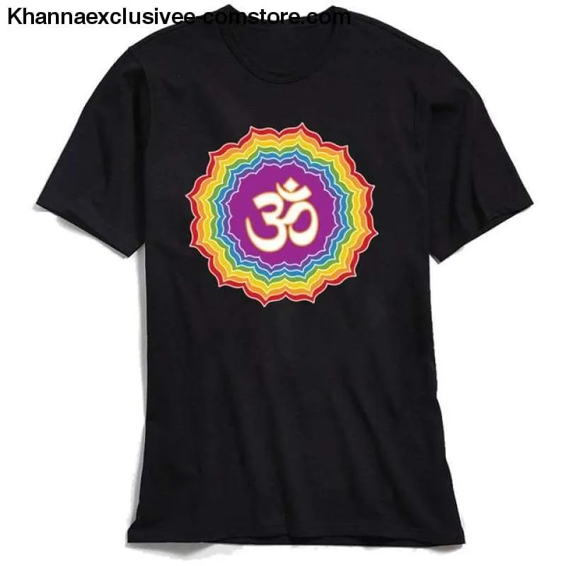 New Men's Printed Om with Seven Chakras Top 100% Cotton O-Neck Short Sleeve Mandala T-shirt
