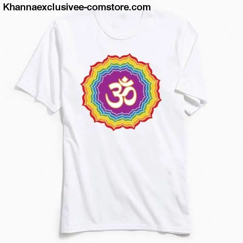 New Men's Printed Om with Seven Chakras Top 100% Cotton O-Neck Short Sleeve Mandala T-shirt