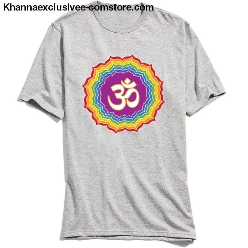 New Men's Printed Om with Seven Chakras Top 100% Cotton O-Neck Short Sleeve Mandala T-shirt