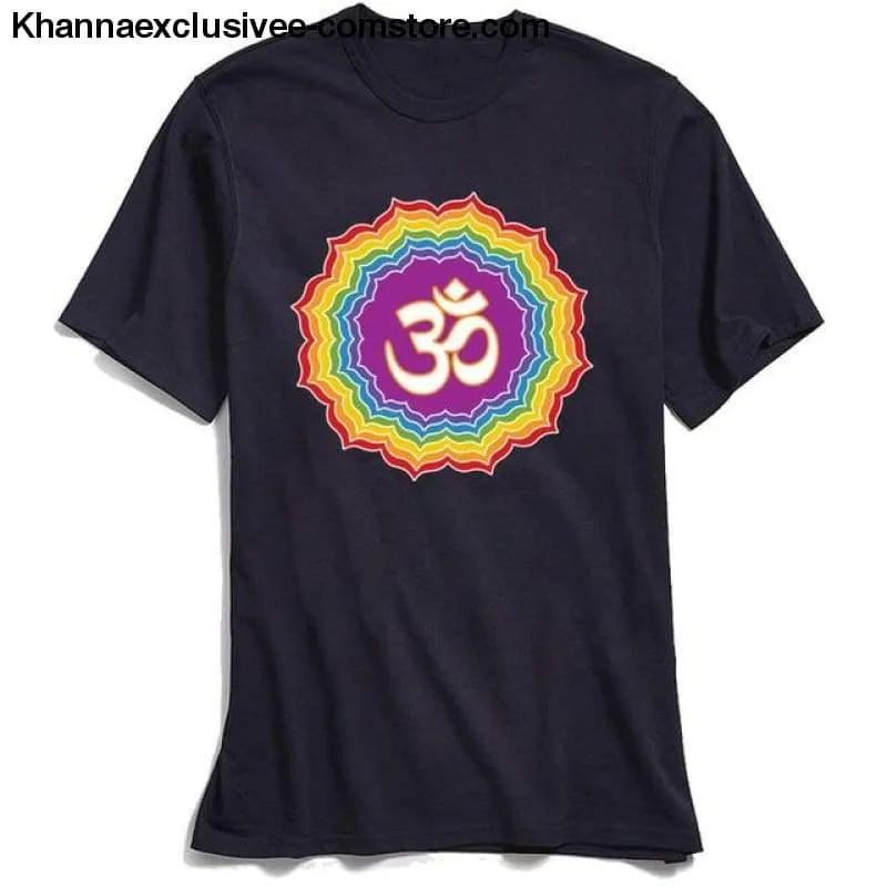New Men's Printed Om with Seven Chakras Top 100% Cotton O-Neck Short Sleeve Mandala T-shirt