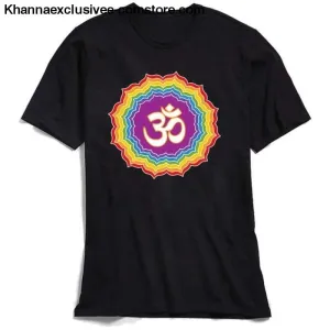 New Men's Printed Om with Seven Chakras Top 100% Cotton O-Neck Short Sleeve Mandala T-shirt