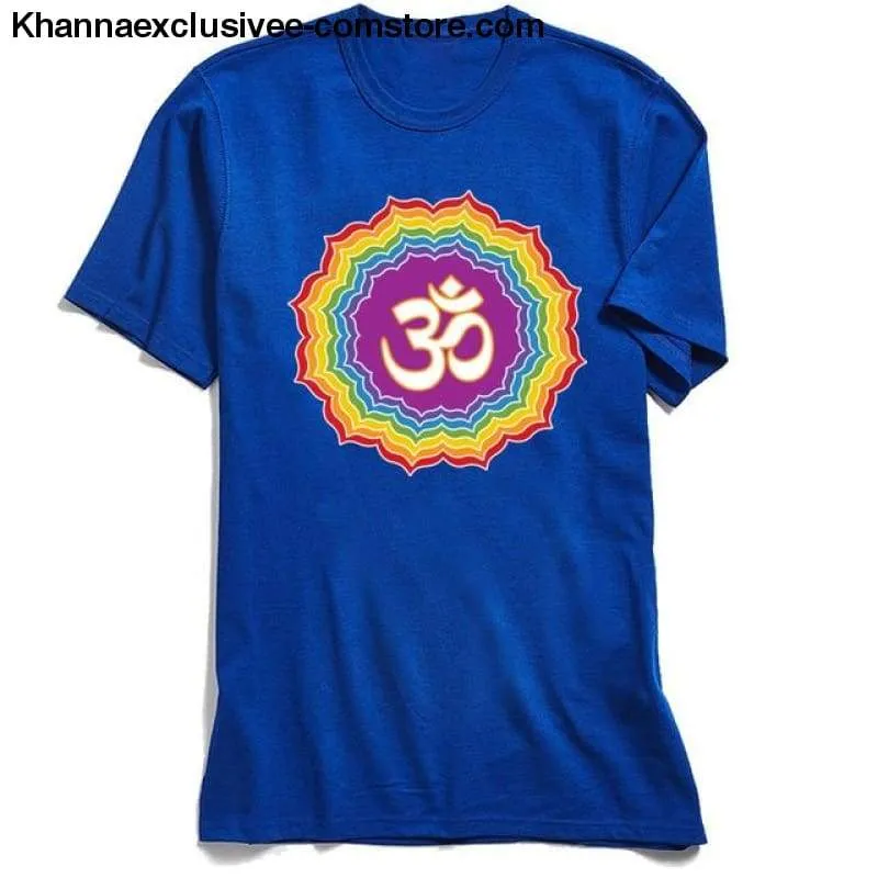 New Men's Printed Om with Seven Chakras Top 100% Cotton O-Neck Short Sleeve Mandala T-shirt