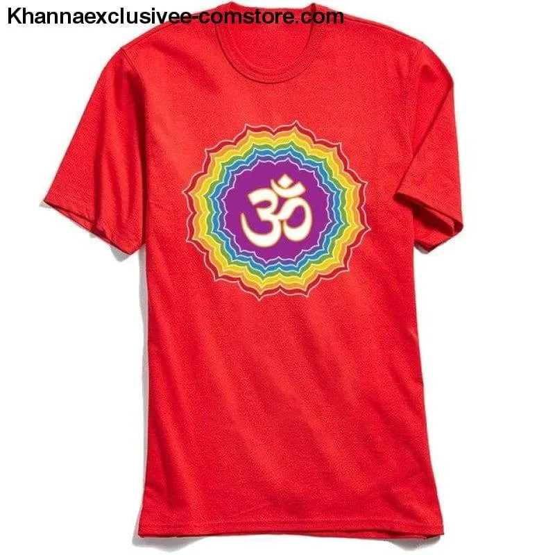 New Men's Printed Om with Seven Chakras Top 100% Cotton O-Neck Short Sleeve Mandala T-shirt