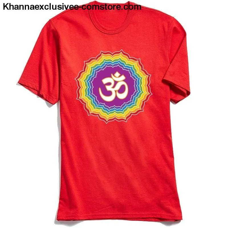 New Men's Printed Om with Seven Chakras Top 100% Cotton O-Neck Short Sleeve Mandala T-shirt