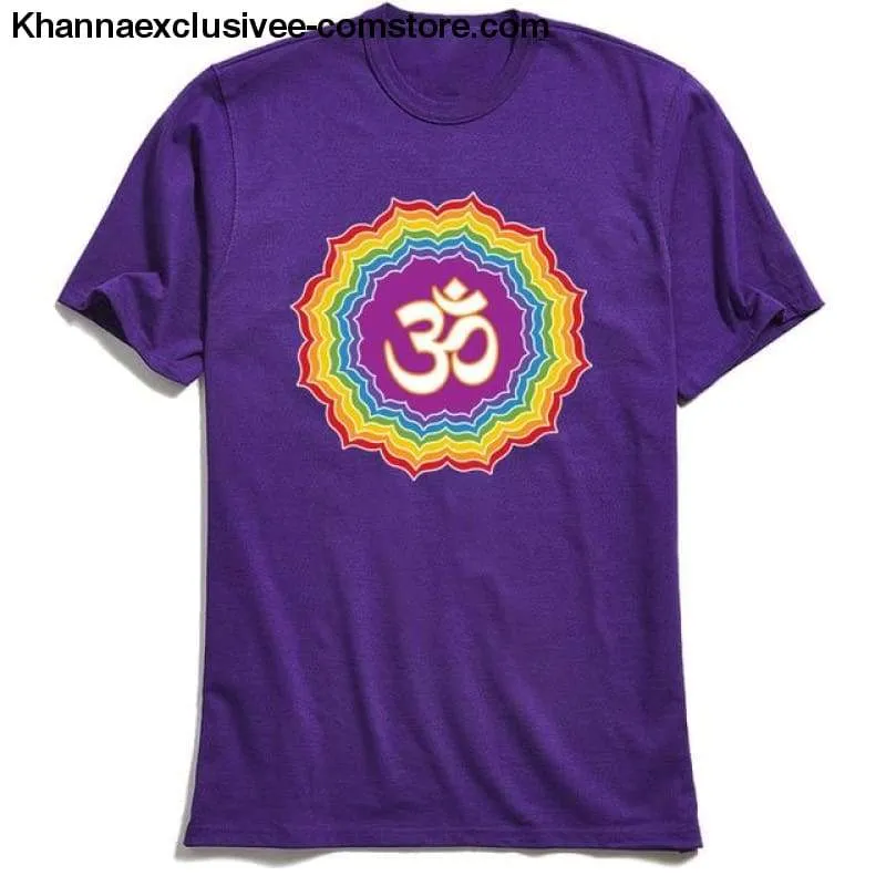 New Men's Printed Om with Seven Chakras Top 100% Cotton O-Neck Short Sleeve Mandala T-shirt
