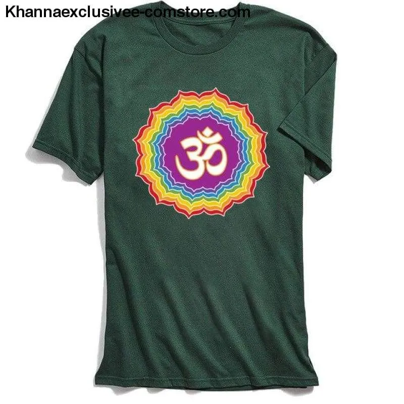New Men's Printed Om with Seven Chakras Top 100% Cotton O-Neck Short Sleeve Mandala T-shirt