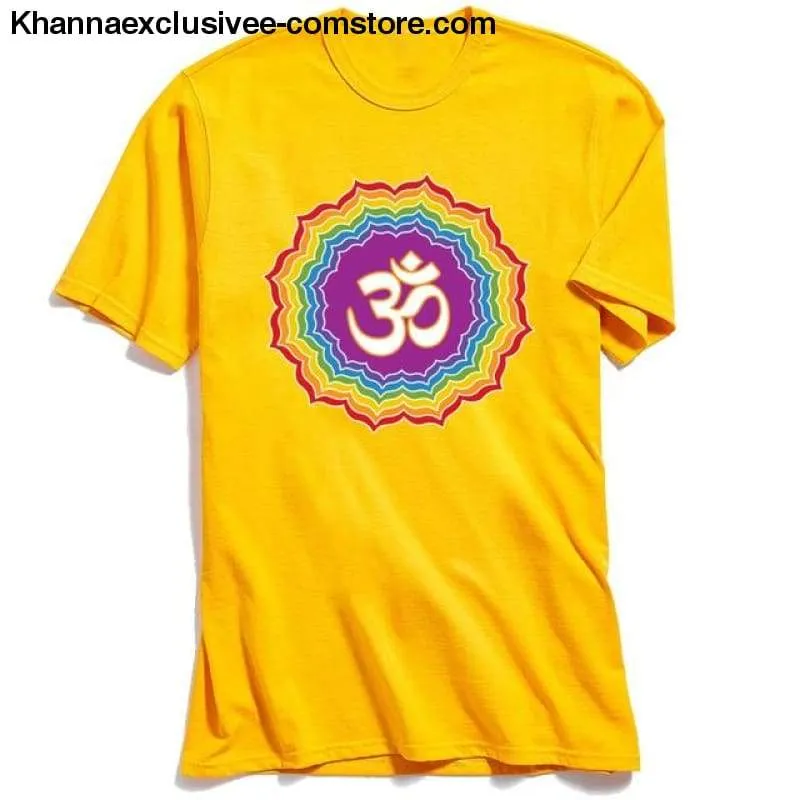 New Men's Printed Om with Seven Chakras Top 100% Cotton O-Neck Short Sleeve Mandala T-shirt