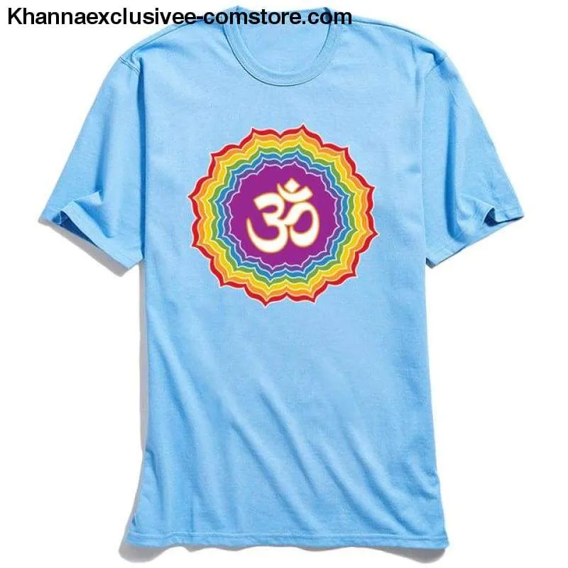 New Men's Printed Om with Seven Chakras Top 100% Cotton O-Neck Short Sleeve Mandala T-shirt