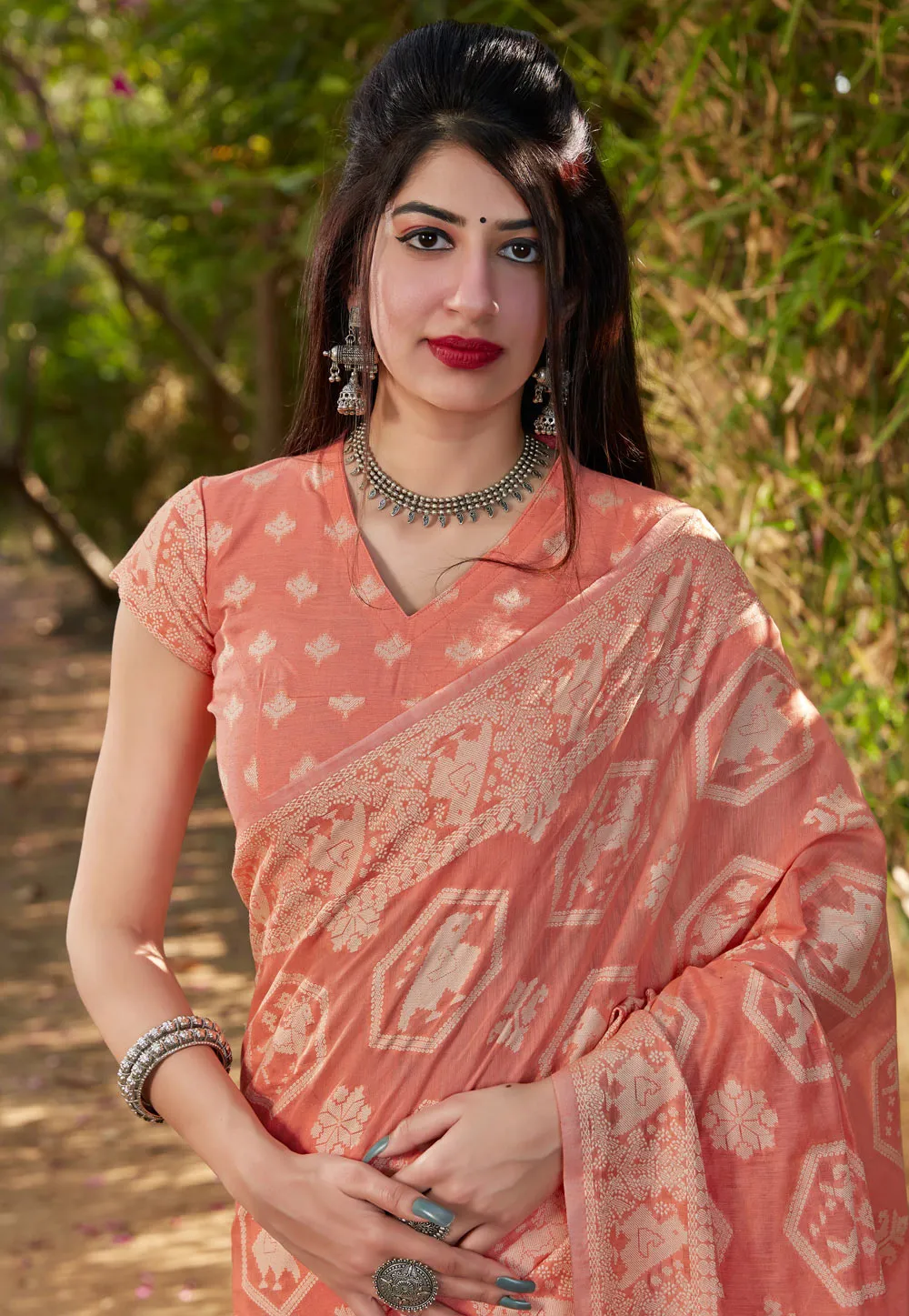 Peach Printed Silk Saree