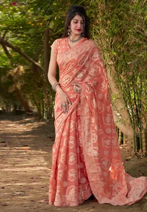 Peach Printed Silk Saree